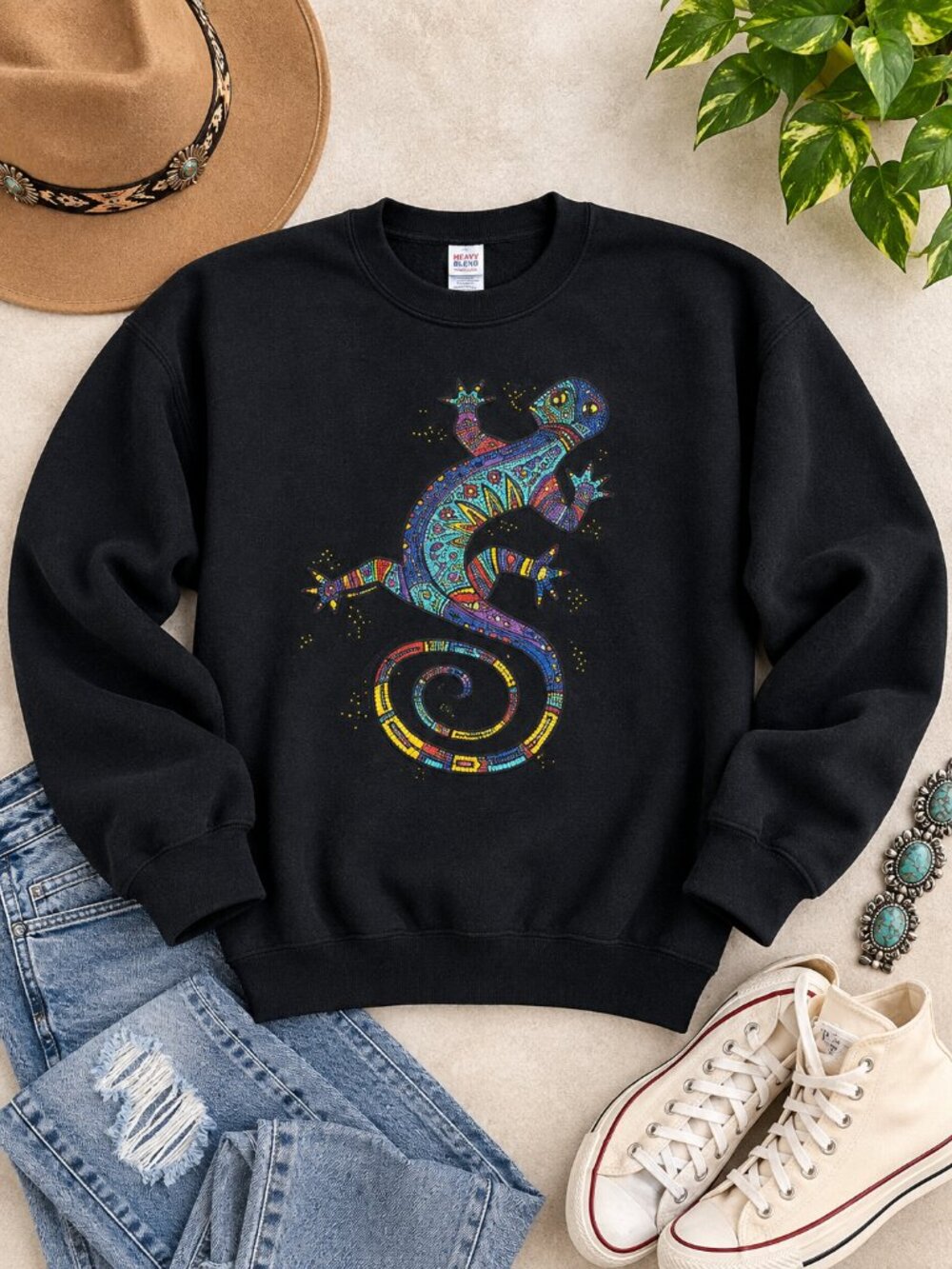 Vintage Y2K Black Southwest Gecko Lizard Graphic Crewneck Sweatshirt L